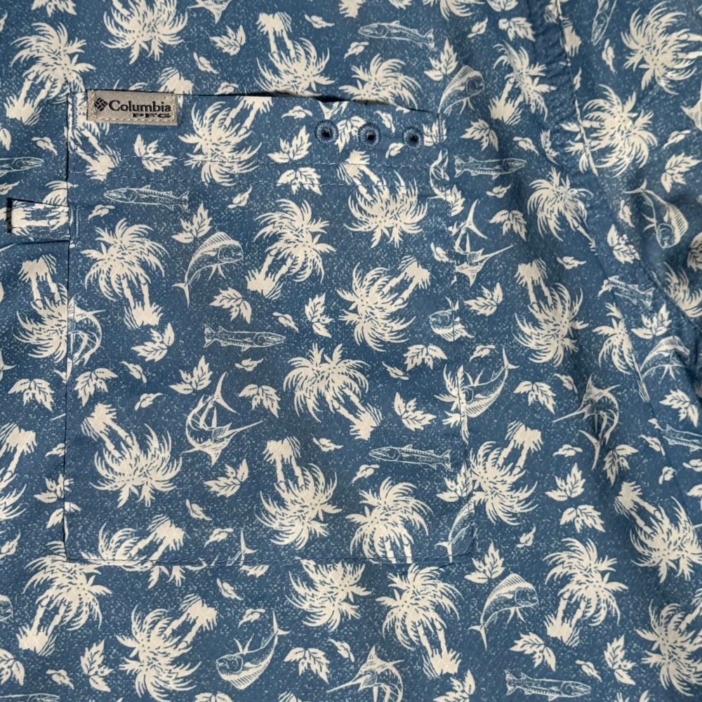 COLUMBIA Mens Short Sleeve Vented PFG Palm Tree Print Blue‎ Large - Picture 5 of 10